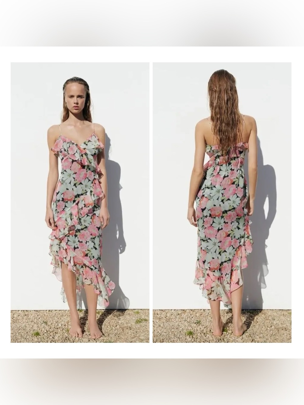 NEW ZARA Medium Floral Print Chiffon Tiered Ruffle Asymmetrical Hem Midi Dress